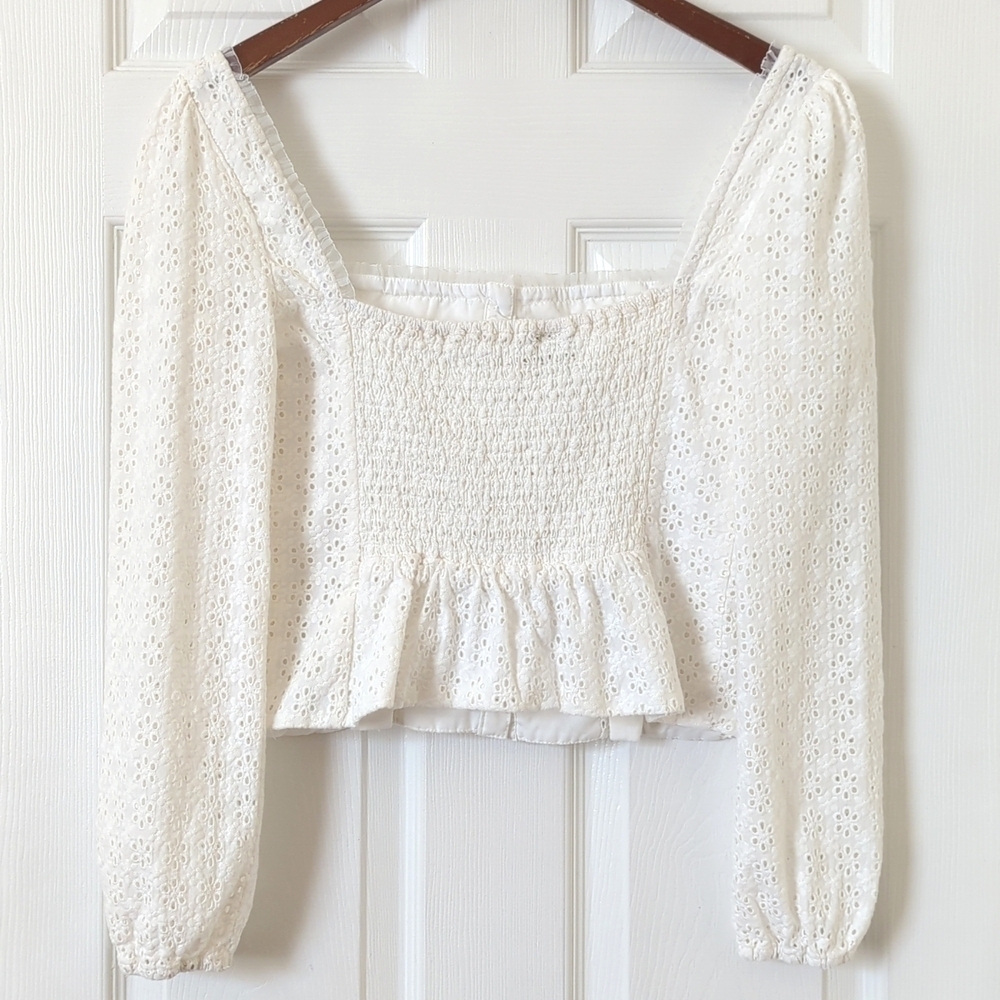 Joie Eyelet Embroidered Square Neck Form Fitting Long Sleeve Cropped Top White S - Picture 10 of 12